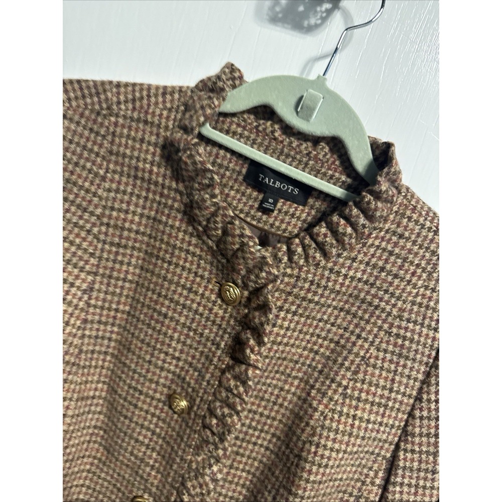 Talbots Tan Brown Houndstooth Preppy Old Money Wool Blend Ruffle Blazer Size 10
